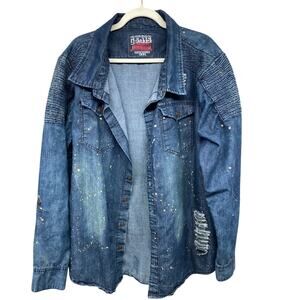 GS115 Moto Denim Mud Splatter Casual Distressed Men's Button Down XXL